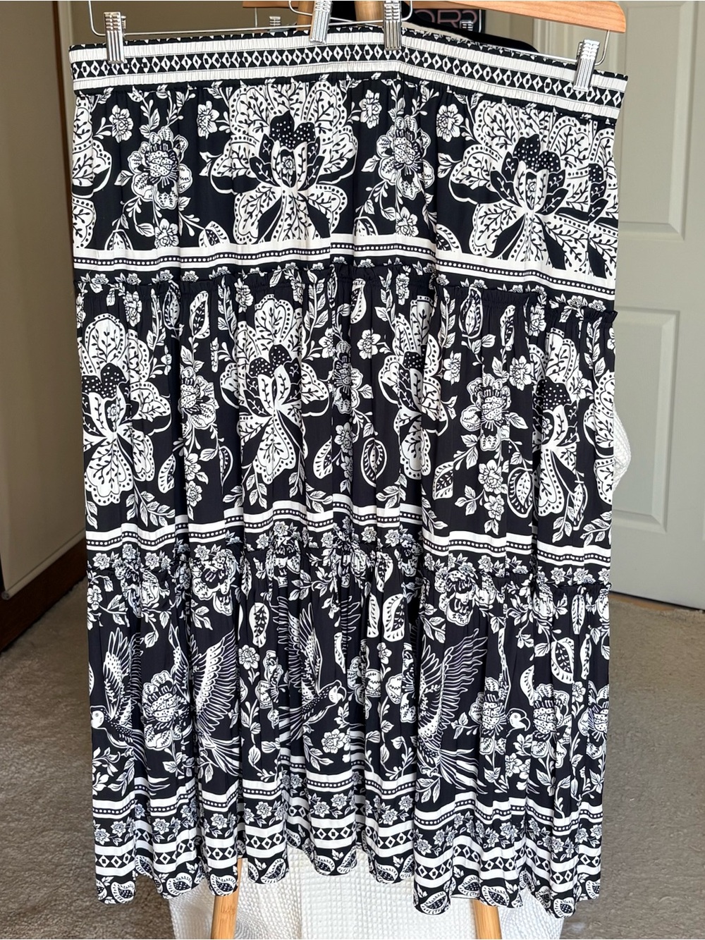 Rachel Zoe Black and Off-White Floral Tiered Maxi Skirt 3X
